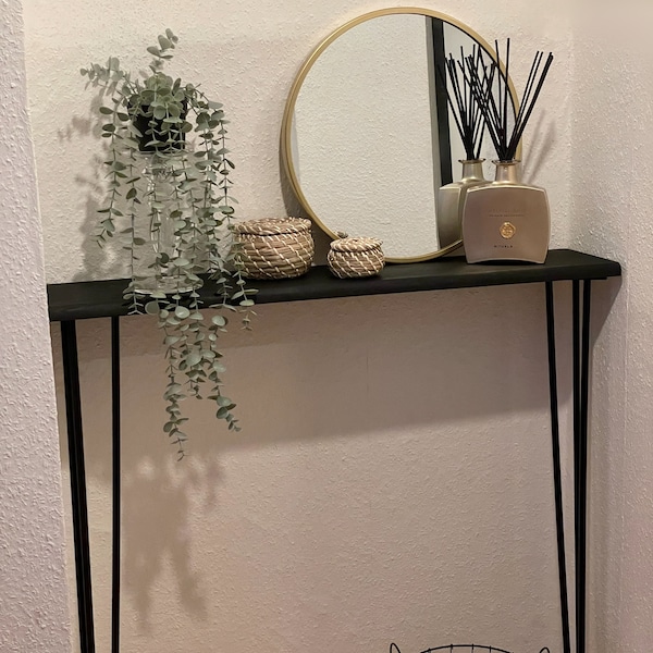 Table console noire avec pieds en épingle à cheveux (avec légère lisière de forêt)