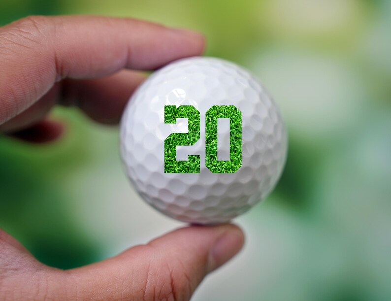 May include: A white golf ball with the number 20 printed on it in green grass.