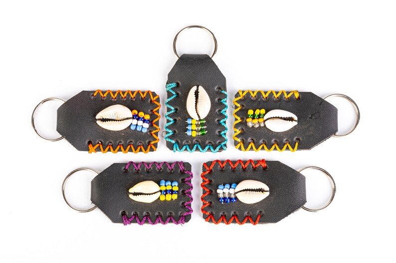 Beaded Leather & Cowrie Shell Keychains - Handmade, African Art ...