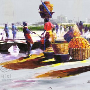 Fish Market at Shore - African Art, Canvas Print, Art Decor, Tribal Art, Wall Art, Contemporary