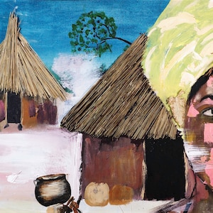 Village Huts With Tribal Woman – Canvas Print, African Wall Art, Black Wall Art, Tribal Art, African Art Print, Wall Art Decor, Woman Art