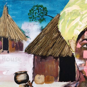 African Village with Tribal Woman – 3D, Acrylic Painting, Mixed Media, Home Wall Decor, African Tribal Art, Woman Art, Textured Painting
