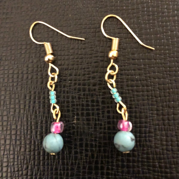 Aqua and pink glass bead dangle earrings