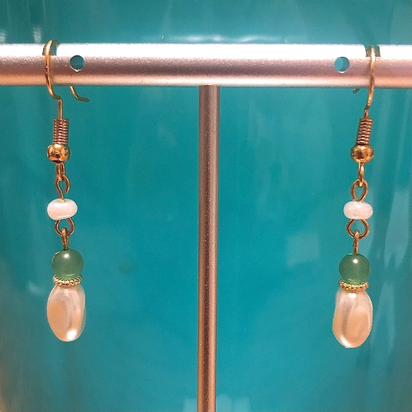 Simulated pearl with green and white glass bead dangle earrings