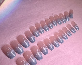 Ombre Nude baby blue short medium coffin shape press on nails ombre clouds design blue color