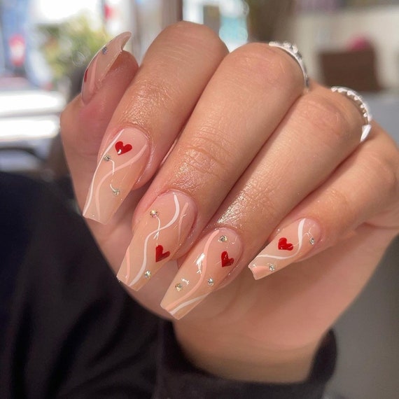 Artistic Nude and Red Heart Nails
