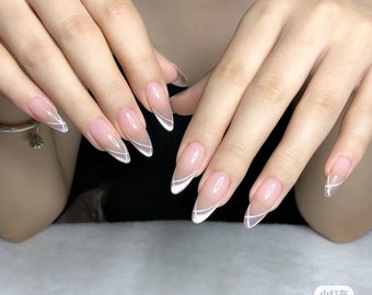 French tip nails cat eye crystal v shape french press on nails