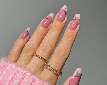 Pink Nails | kylie nails | french nails | romantic nail art | french with cherries nails | press on nails | rose color nails | nude nails
