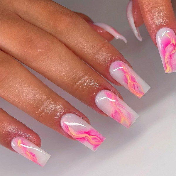 Silk ribbon | Pink Marble Translucent Gel Press On Nails, Minimal Pastel Nails, Abstract Nails pink nails marble effect