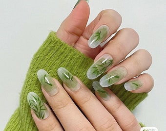 Green Bamboo Spring nails Marble Abstract Watercolor nature element press on nails