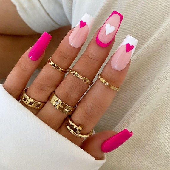 Amazon.com: French Tip Press on Nails Valentines Day False Nails Medium  Full Cover Fake Nails with Heart Designs Round Head Almond Acrylic Nails  Pink Glue on Nails Glossy Stick on Nails for