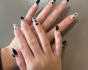 Black French nails with rhinestones | bling hearts gemstones glitter  press on nails shooting stars