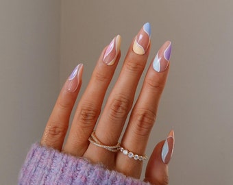 Spring Nails | pastel nails | swirl nails | purple nails | cute nails | summer nails | press on nails| yellow nails| blue nails