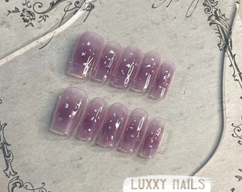 Purple Silver Foil Water Color Effect Press On Nails | Marble Blossom translucent purple