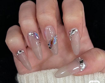 Crystal sparkly Nails | Shiny nails | glitter nails | rhinestone nails | elegant nails| press on nails | rhinestones gems diamond nails