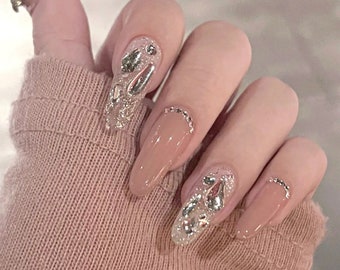 Shine Reflective gems with bling champagne gemstones shinny gel  press on nails nude neutral beautiful princesses nails crystal diamond gel