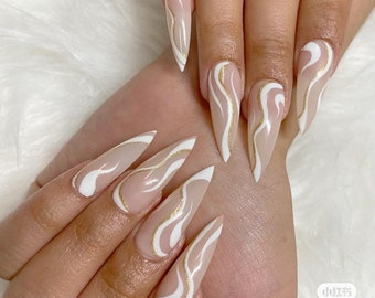 Modern Abstract  Swirl Nail| swirls nails | nude nails | fashion nail art | line nails | press on nails | nude nails | white and gold nails