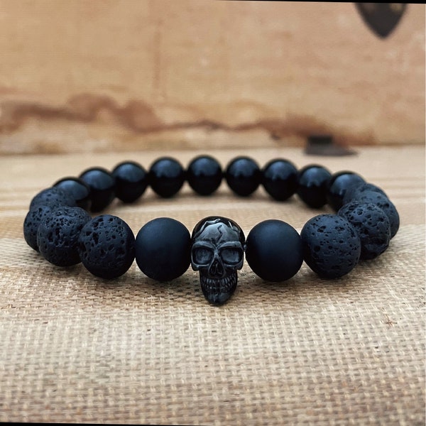 Cupimatch Stainless Steel Skull Bracelet – Black Buddha Bead Stretch Bracelet For Men