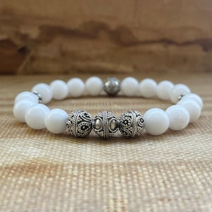 Luxury Beaded Mens Bracelet High Grade White Onyx Gemstone Handmade 925 Silver Bali Bead Bracelet Healing Stone- Gifts for him