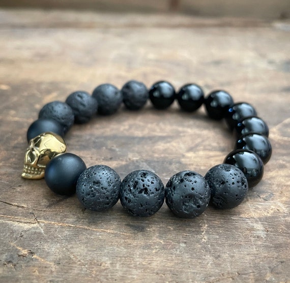 Skull Bracelet for Mens Bracelet lava Rock Bead Bracelet Black Onyx Beaded Gemstone Essential Oil Stress Relief Bracelet gifts for Him Etsy