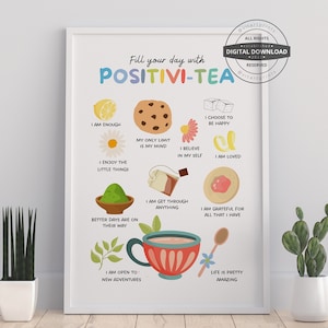 Positivi-tea Positivity, Affirmations Poster, Calming Corner, School Psychology, Therapist Gift Office Decor, CBT, Digital Download