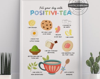 Peut inclure: Une affiche imprimable avec un fond blanc et des illustrations colorées de tasses à thé, de biscuits, de citrons et de fleurs. L'affiche dit "Remplissez votre journée de Positivi-Tea" et comprend des affirmations positives comme "Je suis assez" et "La vie est plutôt incroyable".