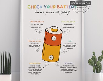 Feelings Battery Mental Health Poster, Therapy Office Decor (Digital Download)
