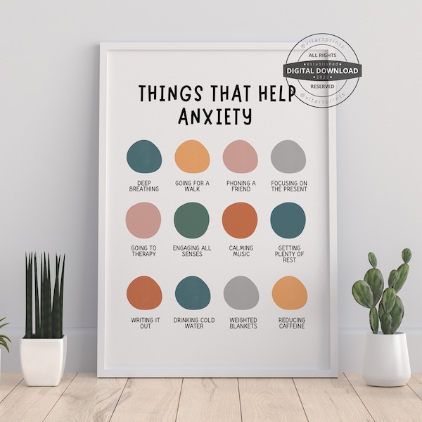 Things Help Anxiety | Mental Health Poster, Therapy Office Decor, Therapist Poster, Office Decor, School Counselor. Psychology, Classroom