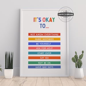 May include: A colorful printable poster with the text "It's okay to..." and a list of affirmations including "Not know everything", "Make mistakes", "Be yourself", "Ask for help", "Start over", "Say no", "Not be ok", and "Have bad days".