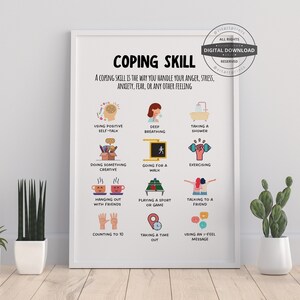 May include: A printable poster titled "Coping Skill" that lists coping mechanisms for dealing with anger, stress, anxiety, fear, or any other feeling. The poster features colourful illustrations of each coping skill.