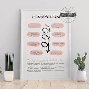 以下が含まれることがあります： ピンクの背景と黒いテキストの印刷可能なポスター。ポスターのタイトルは「The Shame Spiral」で、間違いを犯すことについてのネガティブな思考を示す螺旋が描かれています。ポスターには、恥に対処するためのヒントが含まれています。