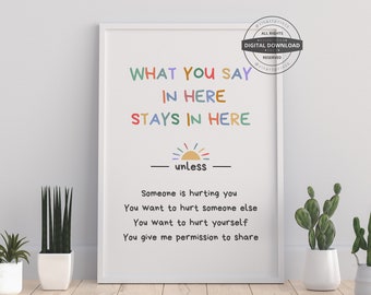 What You Say Stays Here Print | Therapy Office Decor School Counselor Counseling Poster Anxiety Relief Social Psychology Mental Health