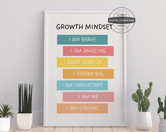 May include: A white printable poster with the text "GROWTH MINDSET" in black. The poster has seven colorful stripes with positive affirmations in black text, including "I am brave", "I am amazing", "I don't give up", "I dream big", "I am important", "I am me", and "I am strong".