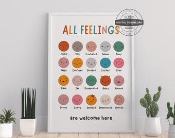 All Feelings Are Welcome Here |  Therapy Office Decor, School Counselor, Feeling Chart, Emotions Poster, School Psychologist, Play Room