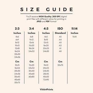 May include: A size guide for digital prints, showing different aspect ratios and corresponding measurements in inches and centimeters. The ratios include 2:3, 3:4, 4:5, ISO Standard, and 11:14. The ISO Standard sizes include A5, A4, A3, A2, A1, and A0.