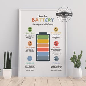 May include: A framed print with the text "Check Your Battery" and a battery graphic with color-coded levels representing different feelings. The print includes text describing how to manage each feeling. The print is a digital download.