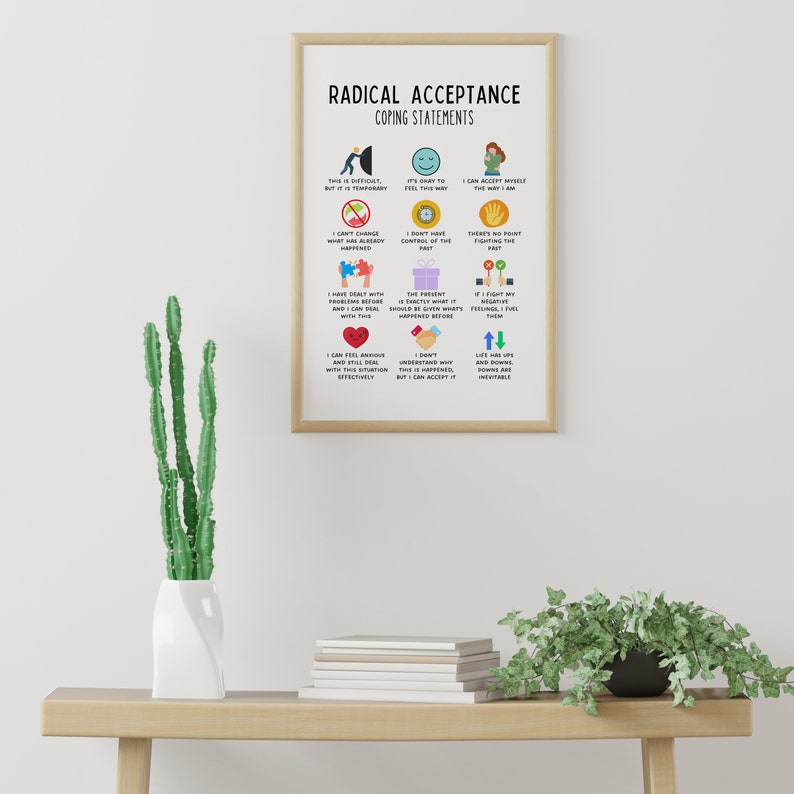 May include: A printable poster with a white background and black text. The poster is titled "Radical Acceptance Coping Statements". The poster features 10 coping statements with colorful icons. The coping statements are: "This is difficult, but it is temporary", "It's okay to feel this way", "I can accept myself the way I am", "I can't change what has already happened", "I don't have control of the past", "There's no point fighting the present", "I have dealt with problems before and I can still deal with this", "The present is exactly what it should be given what happened before", "If I fight my negative feelings, I feel them", "I can feel anxious and overwhelmed with this situation effectively", "I don't understand why this is happening, but I can accept it", "Life has ups and downs, and downs are inevitable".