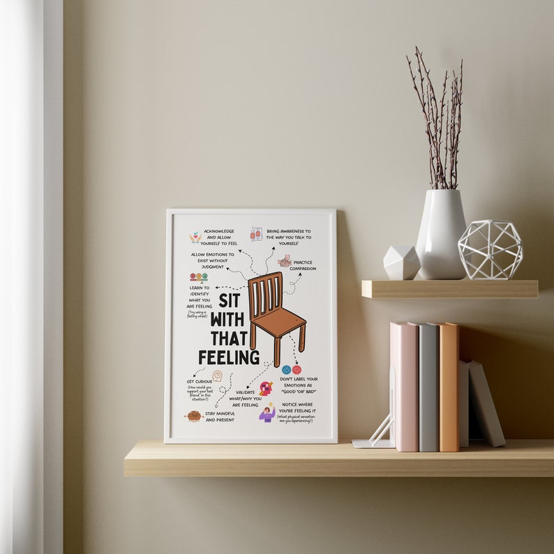 May include: A white framed poster with a colourful illustration of a chair and text that reads "Sit with that feeling". The poster includes tips for managing emotions, such as acknowledging feelings, practicing self-compassion, and validating what you are feeling.