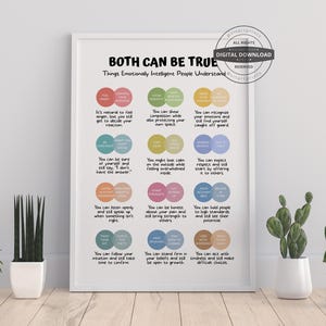 May include: A framed wall art print titled BOTH CAN BE TRUE: Things Emotionally Intelligent People Understand. The poster features twelve sets of colourful overlapping circles with text explaining emotional concepts in a clean, black font.