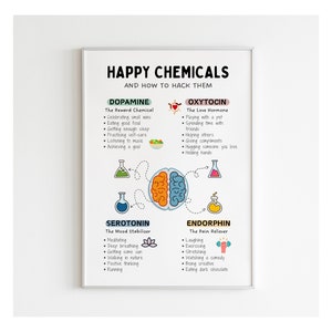 Może przedstawiać: Biały plakat z tytułem "Happy Chemicals and How to Hack Them". Plakat przedstawia cztery substancje chemiczne m&oacute;zgu: Dopaminę, Oksytocynę, Serotoninę i Endorfiny. Każda substancja chemiczna jest opisana listą czynności, kt&oacute;re mogą zwiększyć jej produkcję. Plakat jest zilustrowany m&oacute;zgiem, kwiatem, hantlem i zwierzęciem domowym.