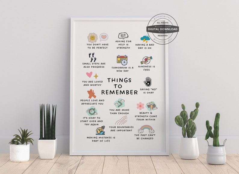 Things to Remember Therapy Office Decor School Counselor CBT DBT Therapy Counseling Poster Anxiety Relief Social Psychology Mental Health image 1