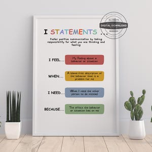 May include: A framed print with the text "I Statements" in colorful letters. The print outlines a method for fostering positive communication, with sections for expressing feelings, describing behavior, stating needs, and explaining the impact.