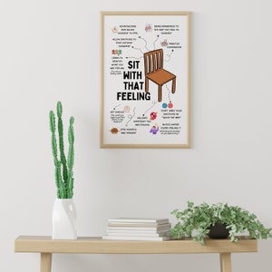 May include: A colourful infographic with a chair in the centre and the words "Sit with that feeling" in a circle around the chair. The infographic provides steps on how to acknowledge and process emotions.