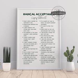 May include: A framed print with the words "RADICAL ACCEPTANCE" and "Coping Statements" in a minimalist design. The text is in a dark green font on a white background. The print includes a list of statements for self-help and mental wellness.
