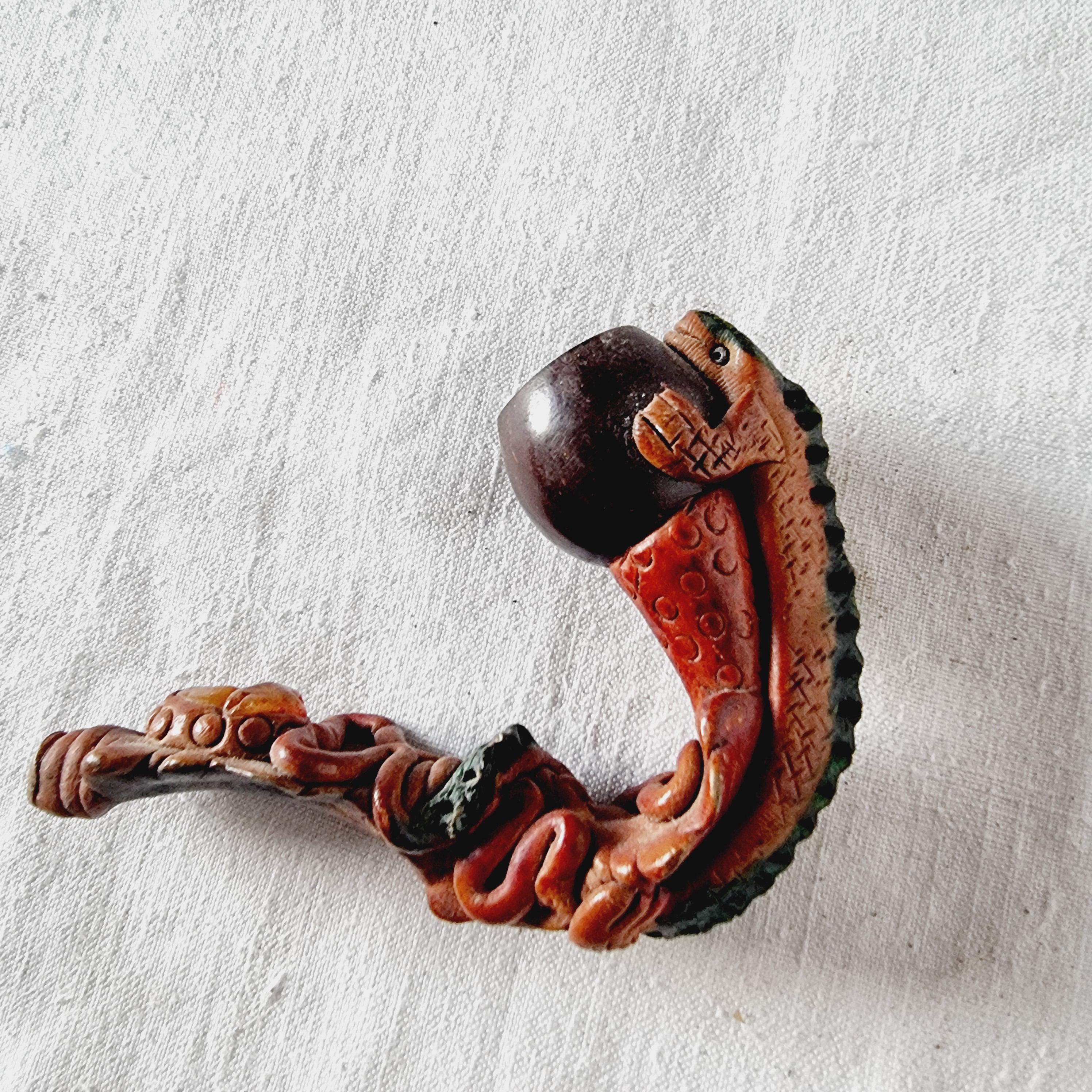 Rare Lizard Shaped Pipe with Hand Colored Stones