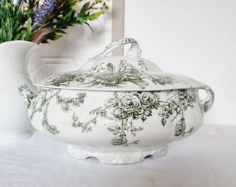 Soupière Doulton Brurslem en porcelaine anglaise antique avec motif Rose et Waratah de 1920