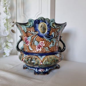 Antique ceramic flowerpot Barbotines Onnaing 19th century Art Nouveau