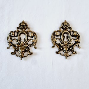 Op de afbeelding: Twee sierlijke, antieke messing sleutelgatdeksels met een gedetailleerd filigraan ontwerp. Elke afdekking heeft een centrale sleutelgatvorm, omgeven door krullende patronen, bloemaccenten en een gestileerd gezicht aan de onderkant. Op een witte achtergrond.