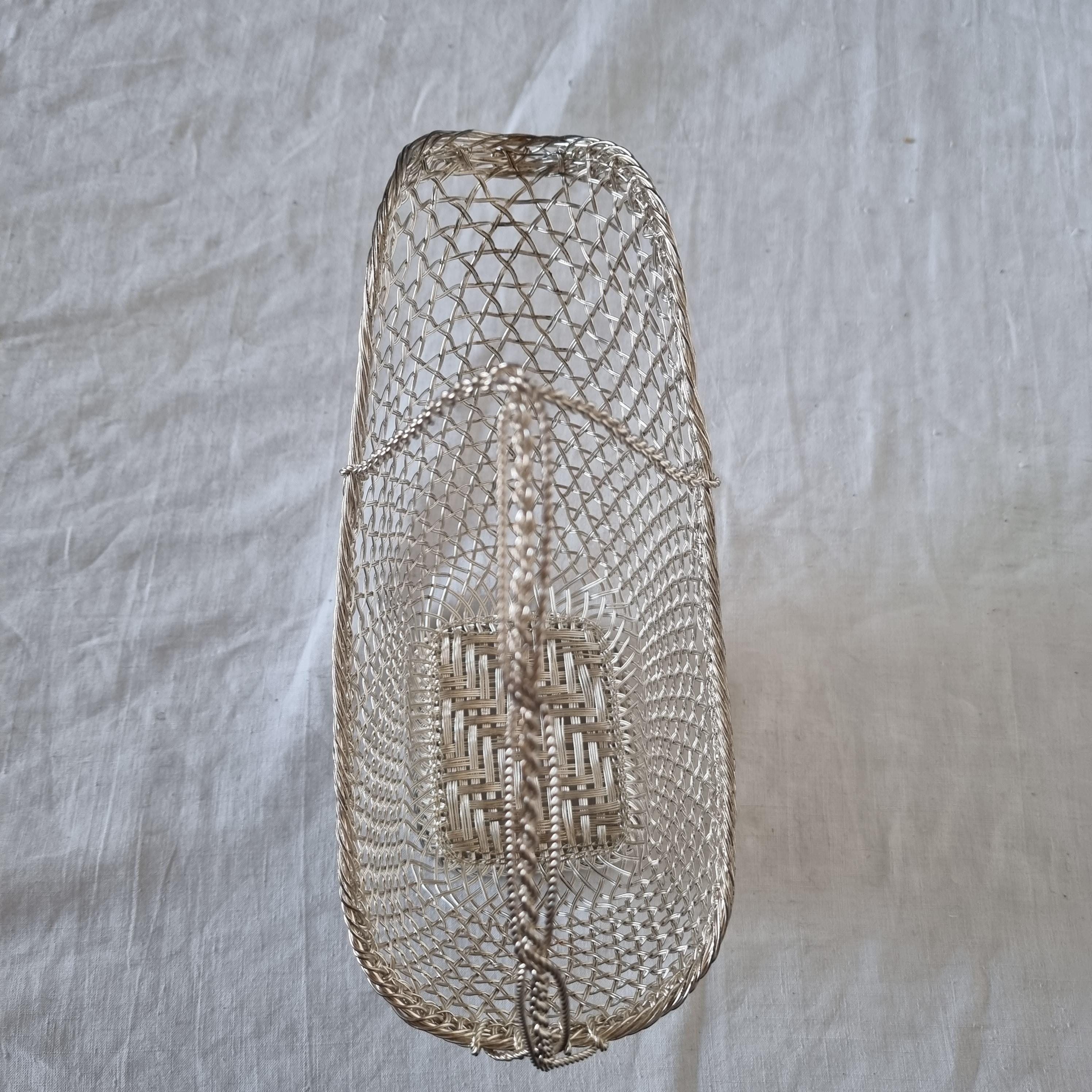 Ancien porte-bouteille panier porte-bouteille tressé shabby métal argenté - France