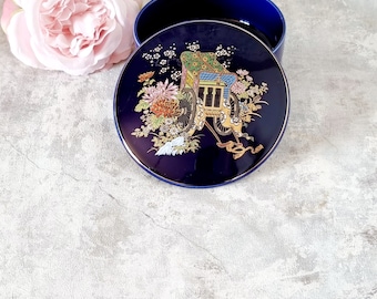 Kobaltblauw Japans porseleinen juwelendoosje en oosterse gravure